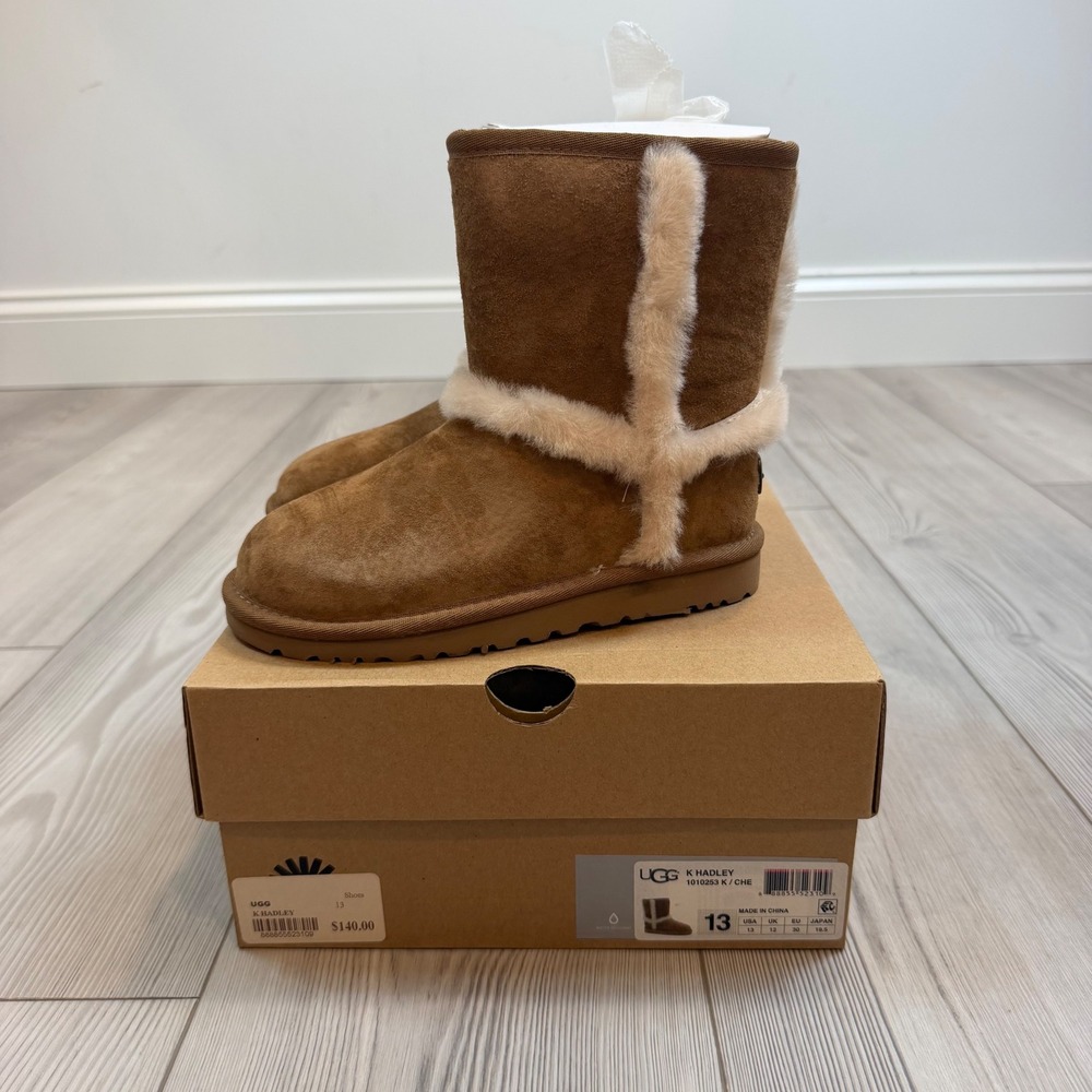 NEW UGG K Hadley Chestnut Suede Water Resistant Wool Lined Boots 1010253 Kids 13